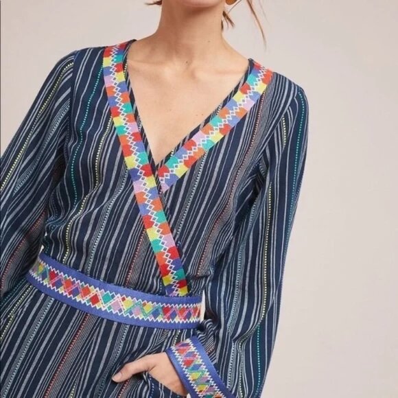 Anthropologie Nantucket Striped Romper by LAIA Blue Long Sleeve Embroidered M - Picture 2 of 16